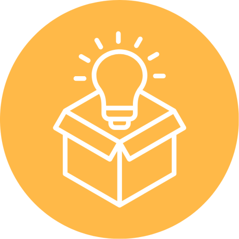 Yellow circle with a box and a lightbulb